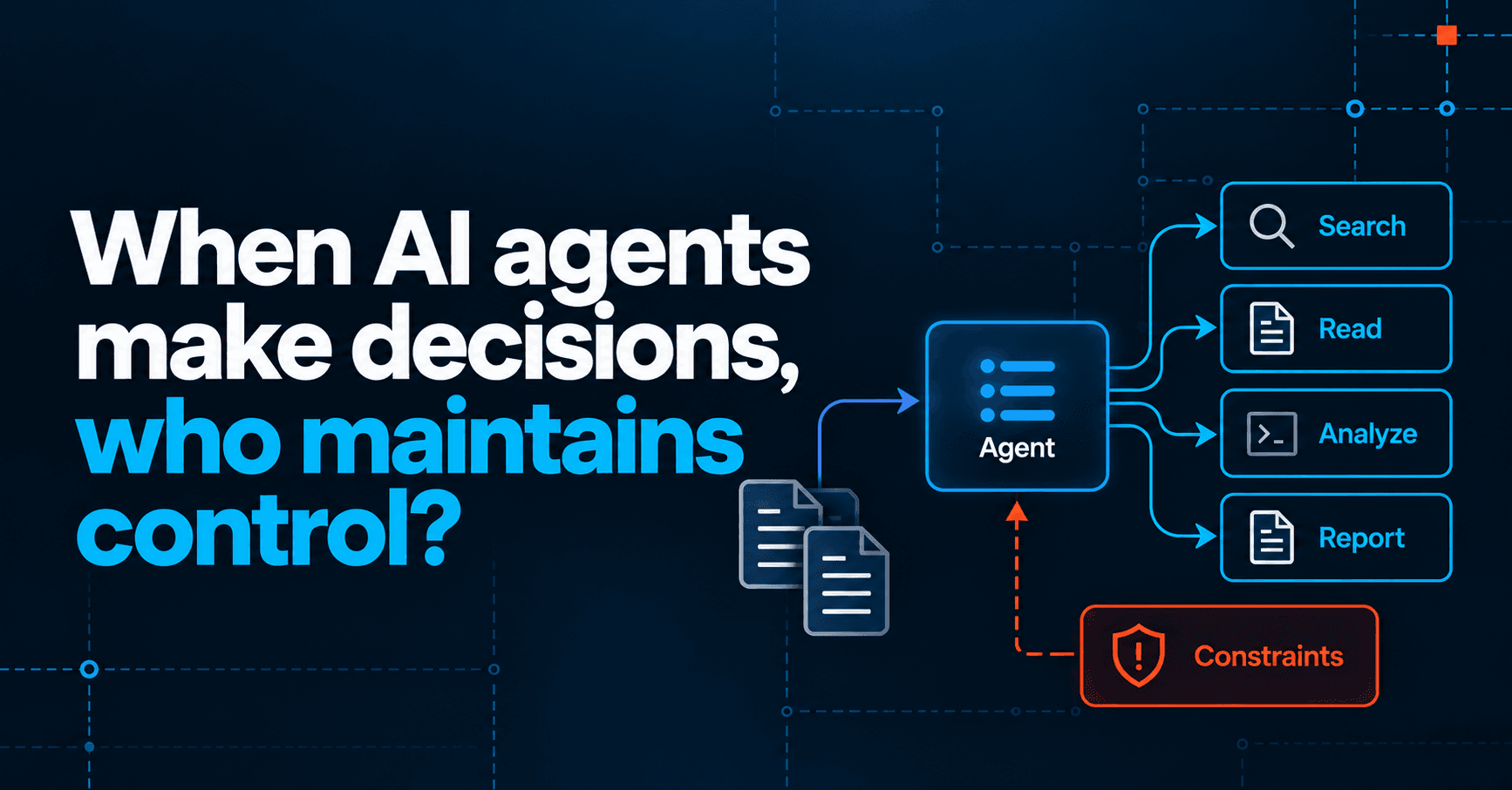 An editorial illustration showing an AI agent selecting actions while an execution controller enforces security boundaries, validates operations, and monitors execution.