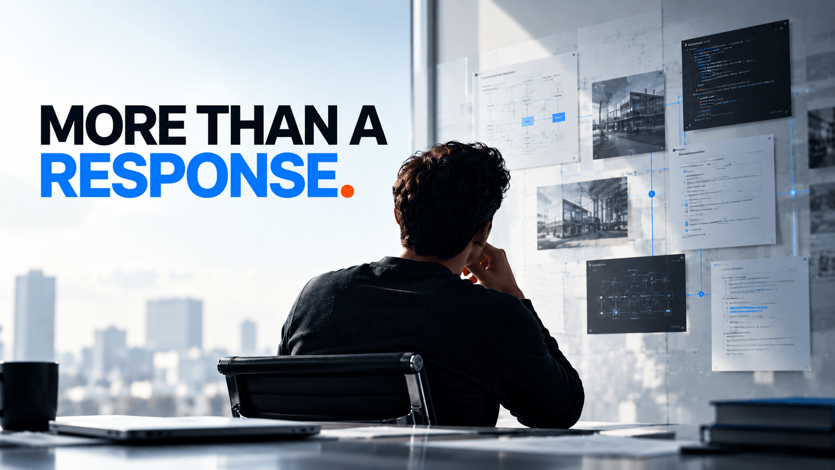 A software engineer examines technical evidence on a glass wall in a modern office. The headline “MORE THAN A RESPONSE.” appears on the left, with “RESPONSE” in blue and an orange period.