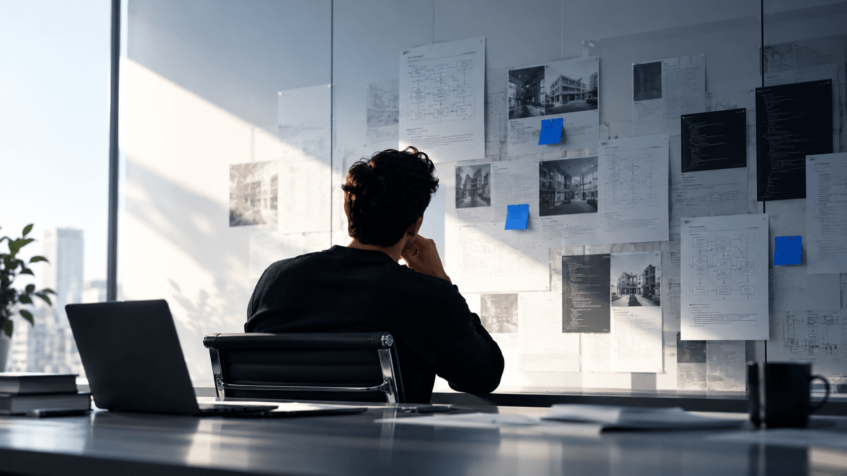A software engineer sits in a modern office, examining technical documents, architecture diagrams, and code displayed on a glass wall while investigating conflicting system information.