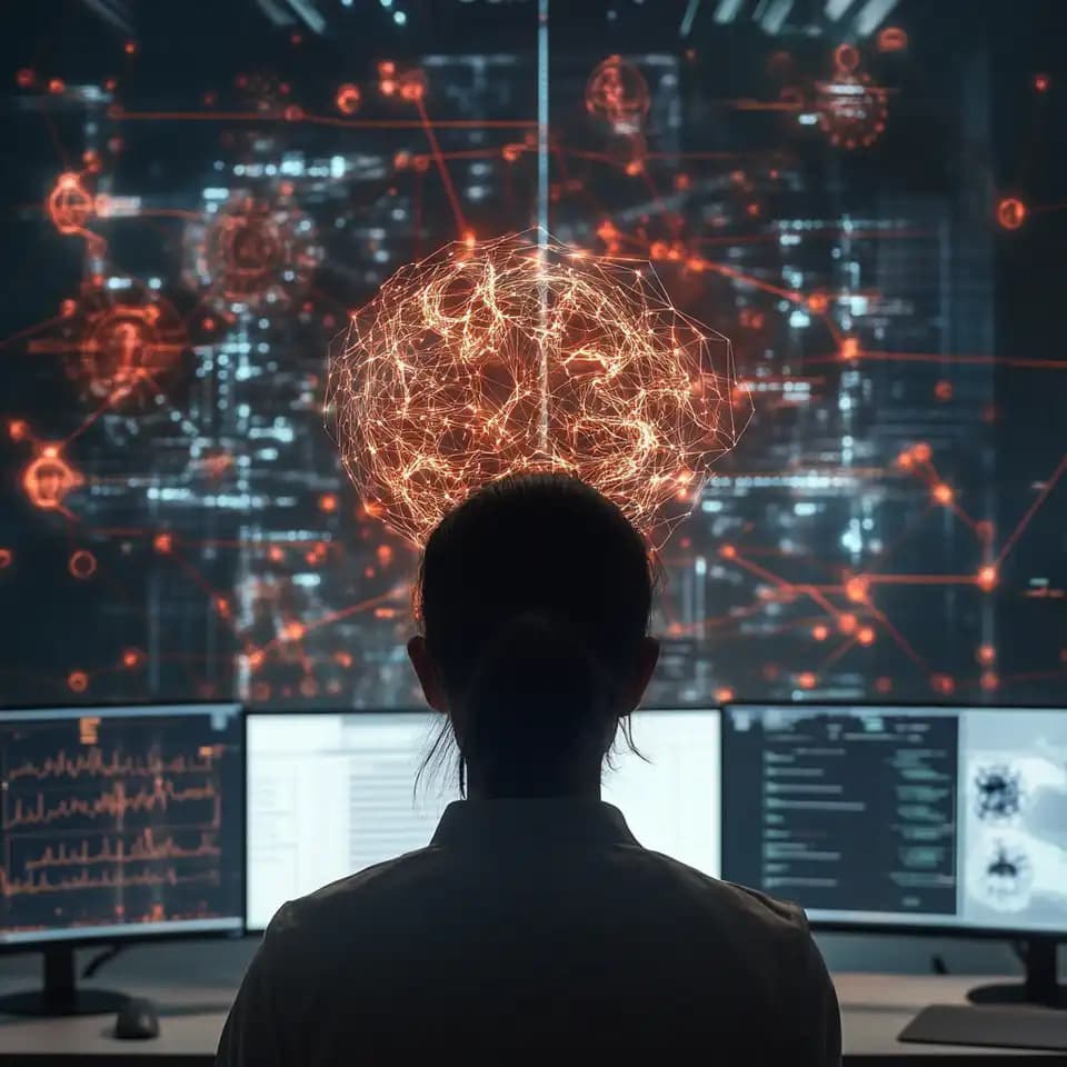Person seen from behind at a desk with monitors, facing a large screen with a glowing network of connected nodes